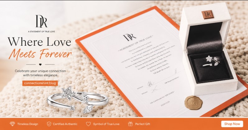 A signed Darry Ring True Love Agreement certificate resting next to an open white leather engagement ring box displaying a brilliant diamond ring.